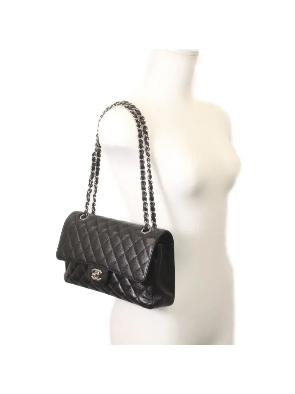 Chanel Black Caviar Silver Double Flap Bag Quilted 25